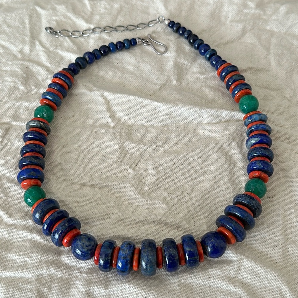 Jay King Blue Lapis, Coral, Jade Beaded Nacklace